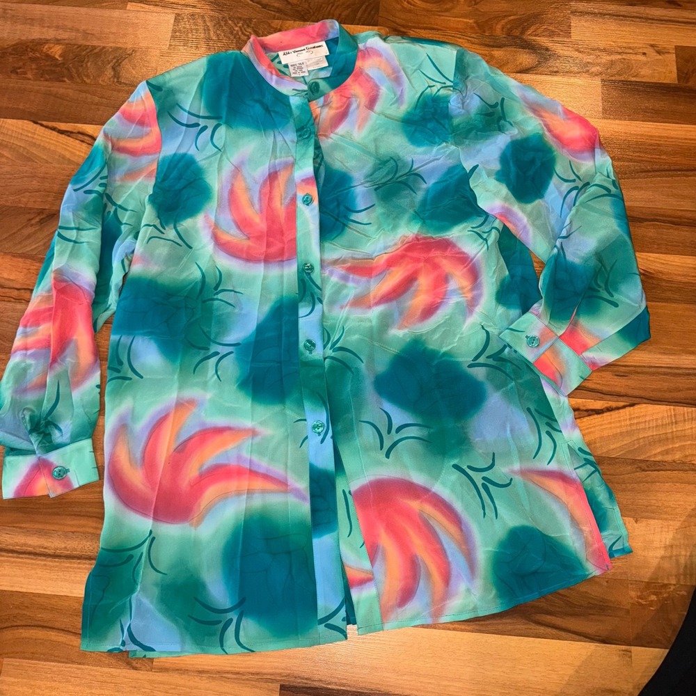 Aliki Yamani Silk Blouse Abstract Button Down Long Sleeve Womens 100% silk large